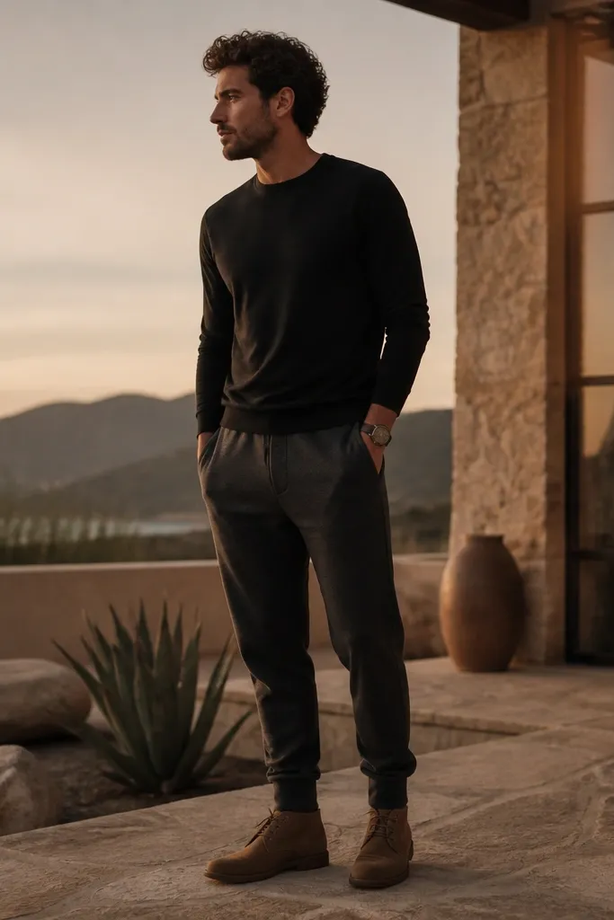 Dark grey sweatpants with a black long-sleeve tee, plus tan suede chukka boots. The model wears a dark leather watch and the outfit is photographed at dusk with warm lighting.