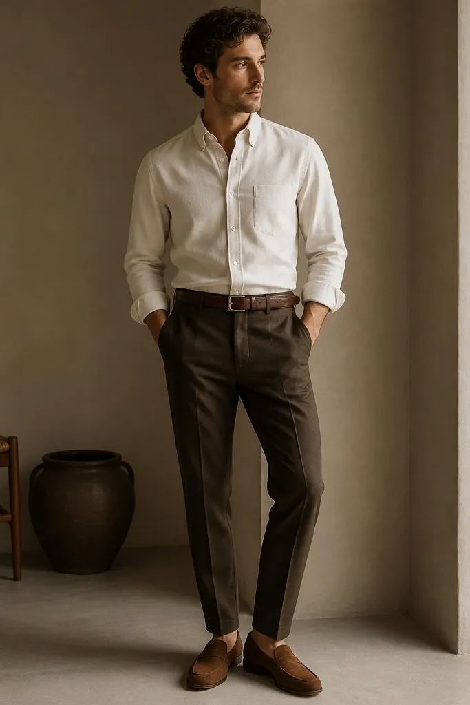 A man wearing mid-rise espresso-brown tailored trousers with a crisp cream Oxford button-down tucked in, a brown leather belt, and cognac suede loafers. The outfit looks matte and clean, with a slight break at the ankle and no tie.