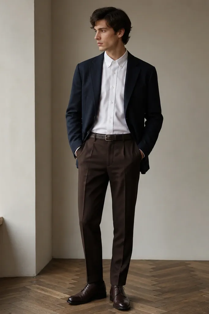 A navy unstructured blazer over chocolate-brown dress trousers, with a white poplin shirt fully buttoned and tucked. The shoes are dark brown leather oxfords, and the belt matches the shoes.