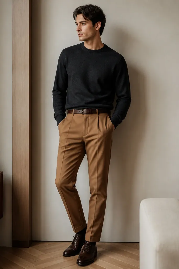 Camel-brown tailored slacks paired with a charcoal crewneck sweater and a dark brown leather belt. The footwear is dark brown oxford shoes. No jacket, just a clean sweater silhouette.