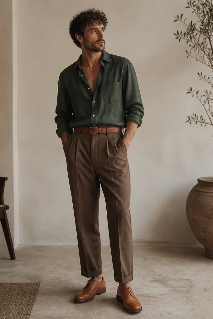 Mid-brown pleated trousers with a forest green overshirt worn open at the chest. The shoes are tan leather derbies with visible stitching. A brown belt ties the colors together.