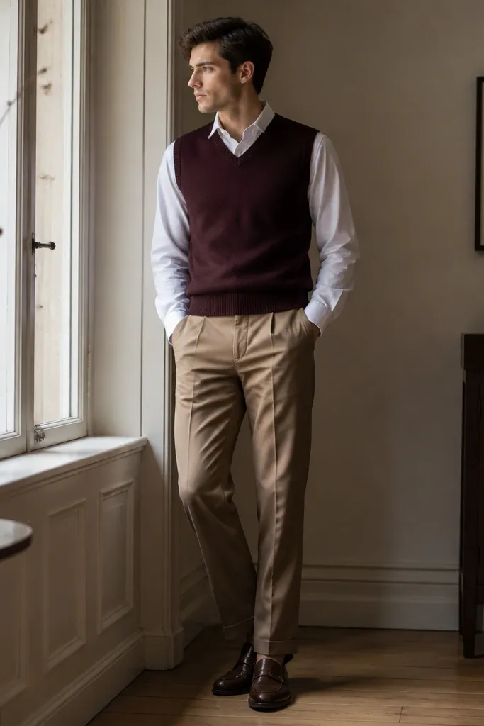 Tan tailored trousers with a burgundy knit sweater vest over a white button-down shirt. The shirt collar sits neatly, and the shoes are brown leather with a simple toe shape.