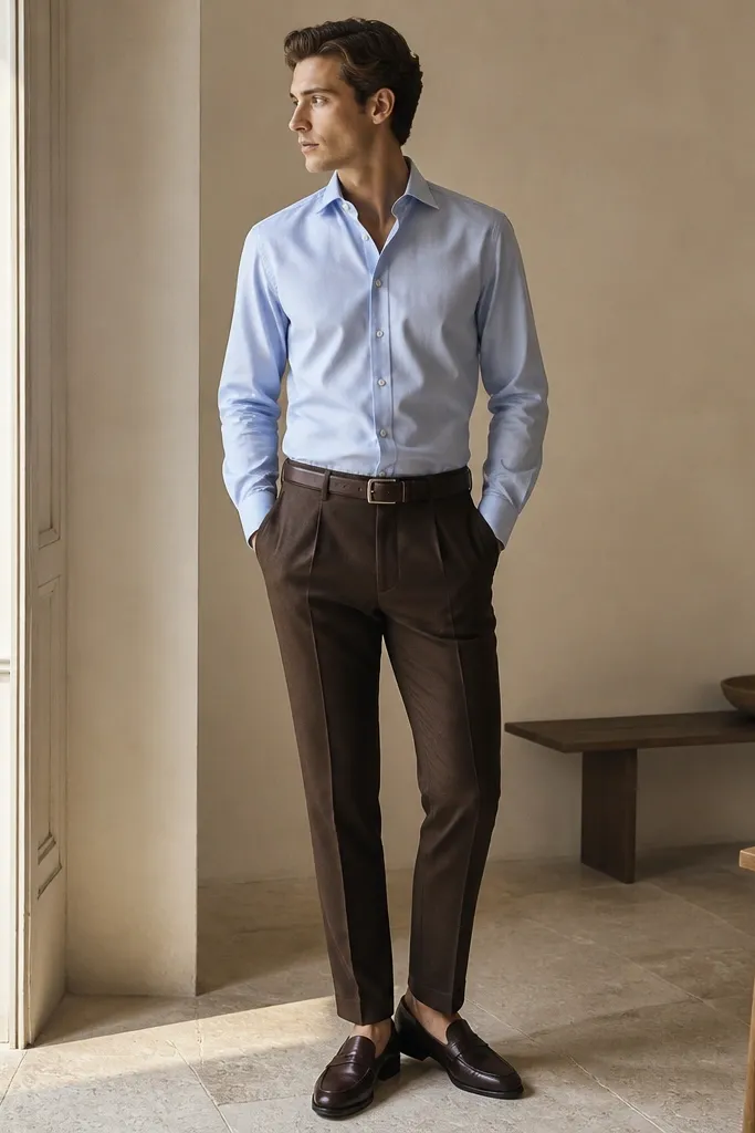 Deep brown tailored trousers paired with a light blue Oxford shirt tucked in. The belt is dark brown, and the shoes are dark brown leather loafers. No jacket, neat hem break.