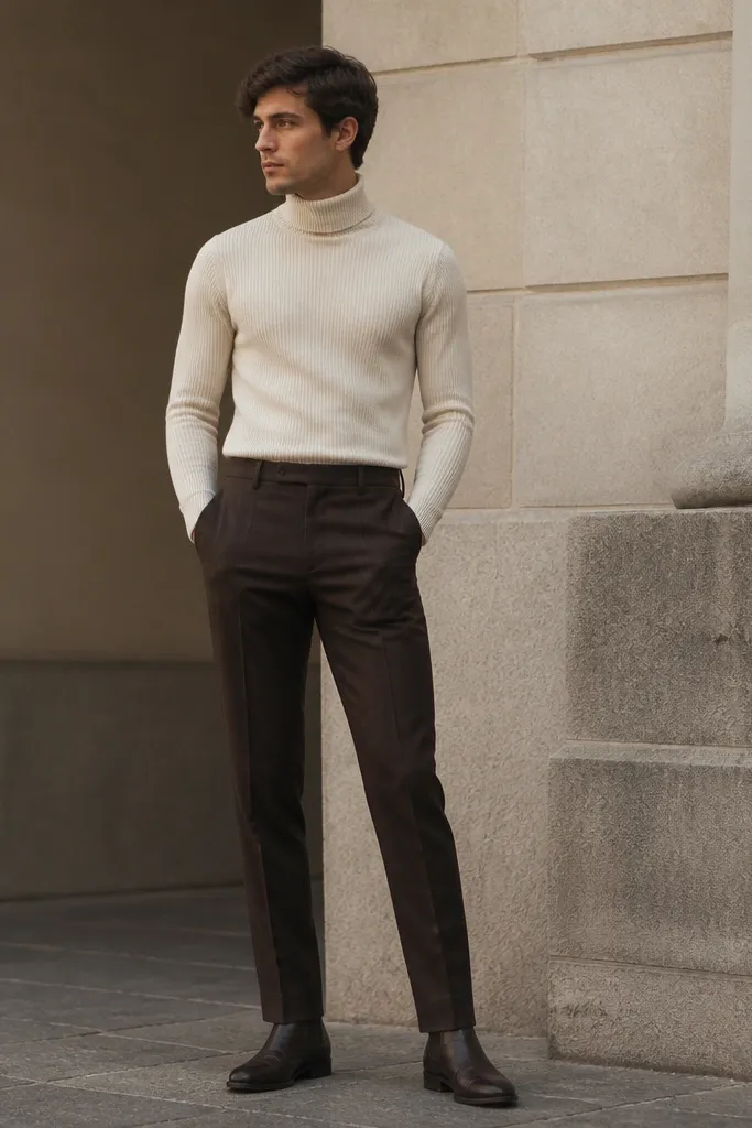 Espresso brown trousers paired with a cream ribbed turtleneck. The man wears dark leather Chelsea boots with a low heel. The outfit looks winter-appropriate and clean.