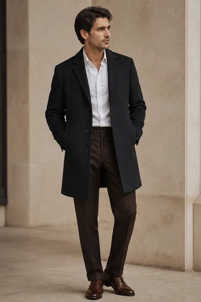 A charcoal overcoat worn over deep brown trousers and a white dress shirt. Brown leather oxfords are visible, and the coat hem falls around the mid-thigh area.