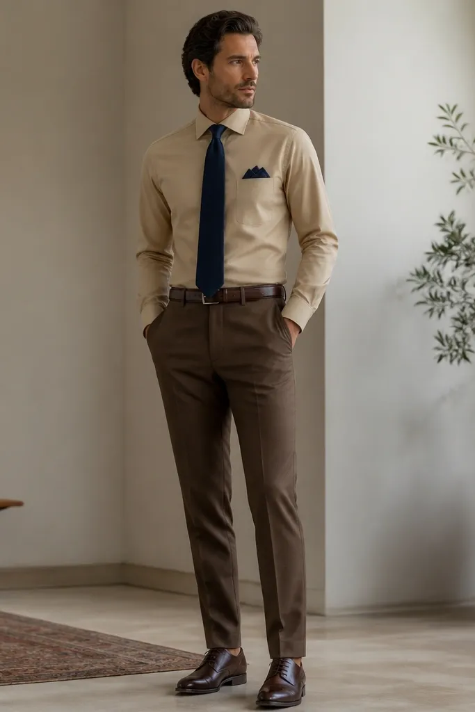A tan suit-like button-down shirt with brown trousers. The man wears a navy tie and a folded navy pocket square. Shoes are dark brown leather, belt matches the shoes.