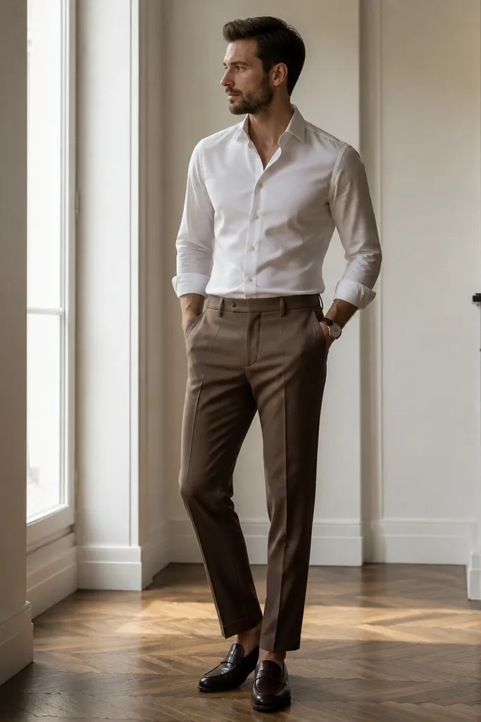Brown tailored trousers with a white button-down shirt tucked in. The man wears dark brown loafers and a simple watch with a dark strap. No jacket or tie, very clean lines.