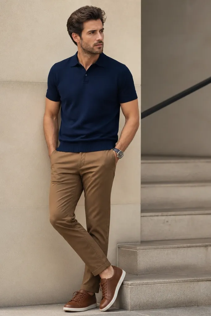 Mid brown chinos styled with a navy knit polo. The man wears brown leather low-top sneakers that look dressier than athletic. The outfit is casual-formal with clean lines.