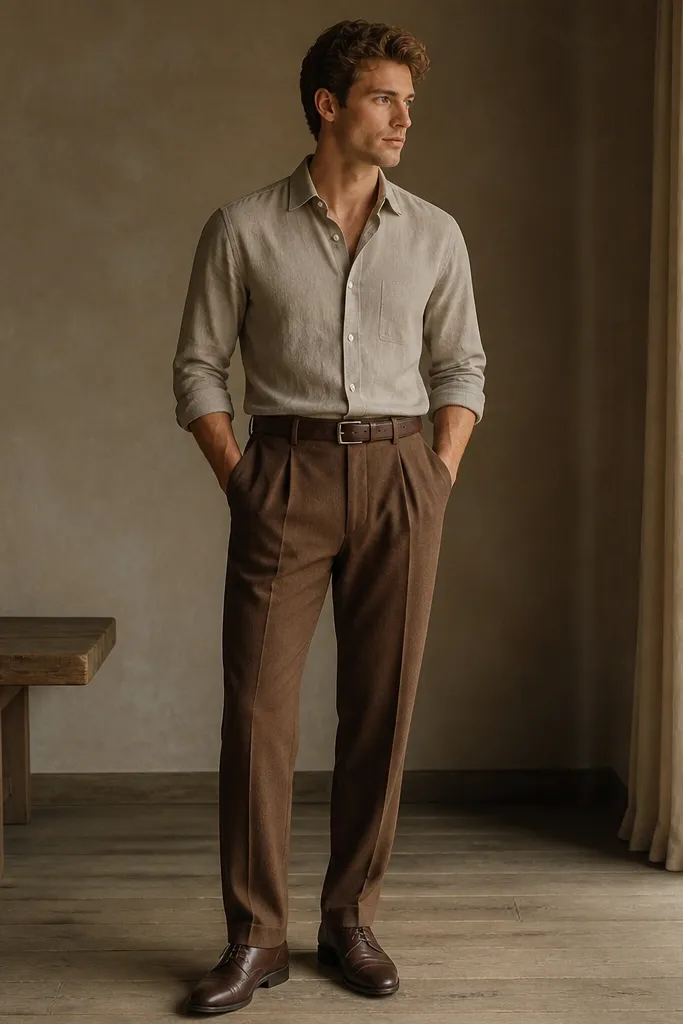 Brown trousers paired with a stone-colored shirt with a relaxed collar. The man wears dark brown derby shoes and a matching brown belt. The outfit looks warm and structured.