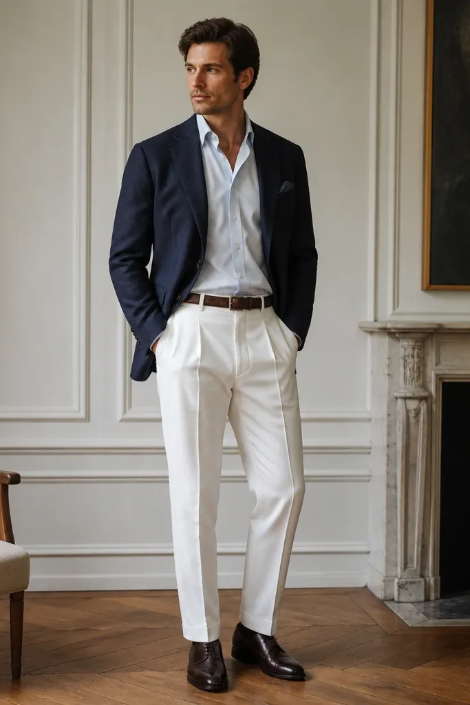 A man in a navy unstructured blazer over a light shirt, wearing white pleated dress trousers. He has dark brown/oxblood cap-toe oxfords and a belt matching the shoes. The pants have a crisp crease and sit at the natural waist.