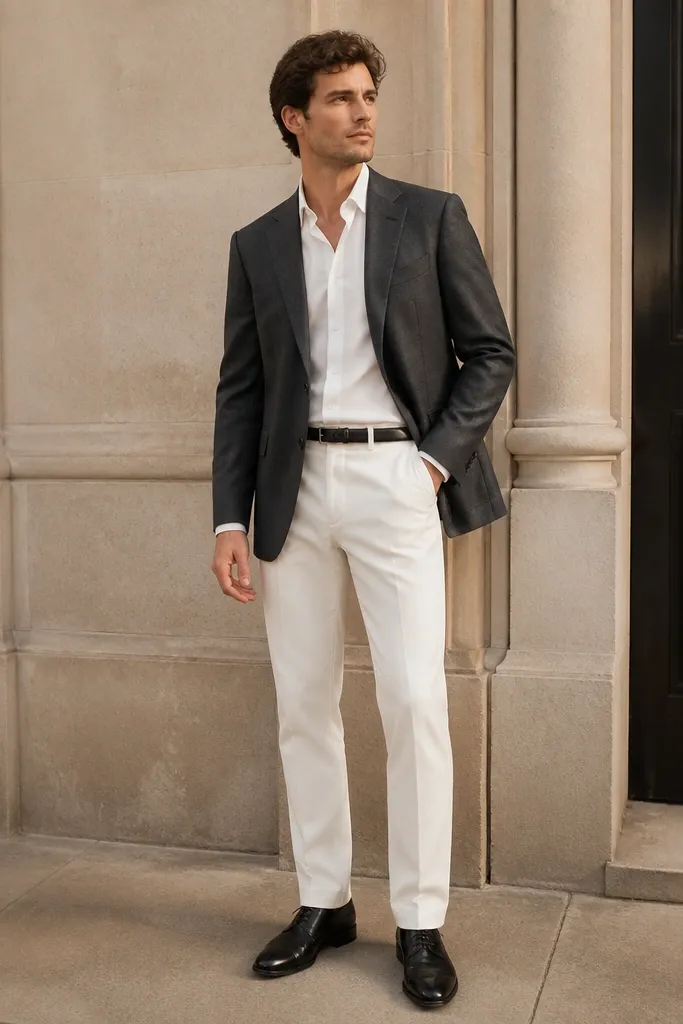 A man wearing a charcoal dress jacket with a white dress shirt and white trousers. He has black cap-toe lace-up shoes and a black belt. The trouser hem breaks slightly on the shoe.