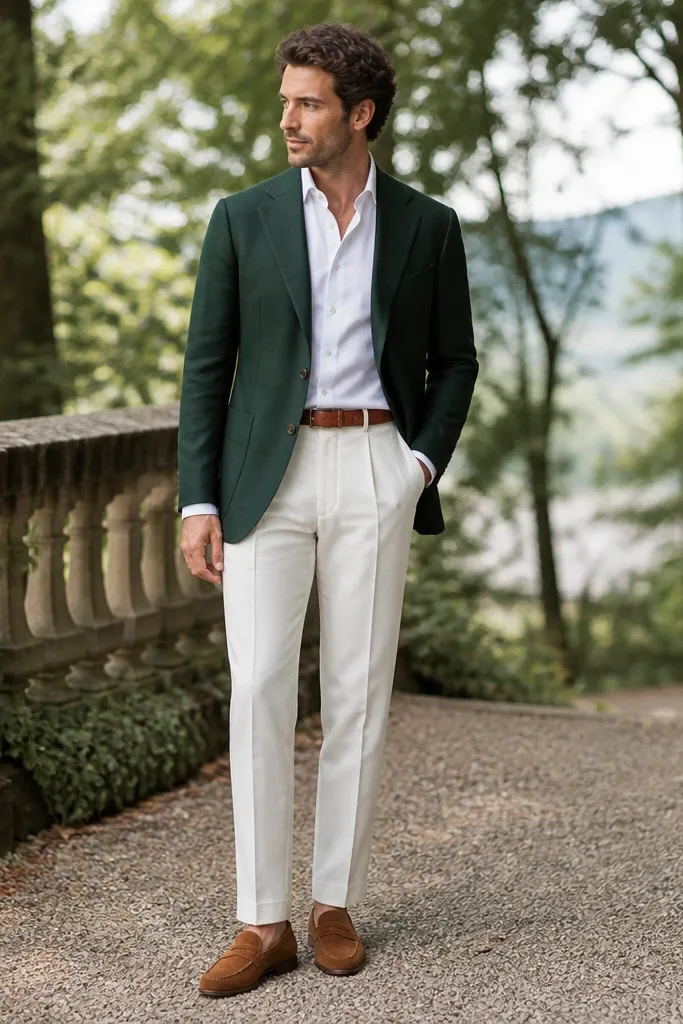 A man in a forest green blazer wearing matte white trousers. He wears tan-brown suede loafers with a belt in the same warm brown tone. The shirt is white with a simple collar.
