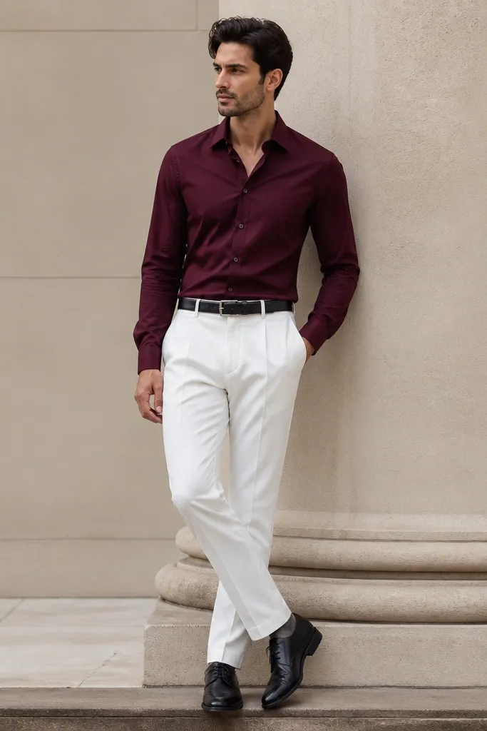 A man wearing a burgundy button-down dress shirt tucked into white trousers. He has black leather lace-up shoes and a black belt. The jacket is optional, but the photo shows a clean formal silhouette.