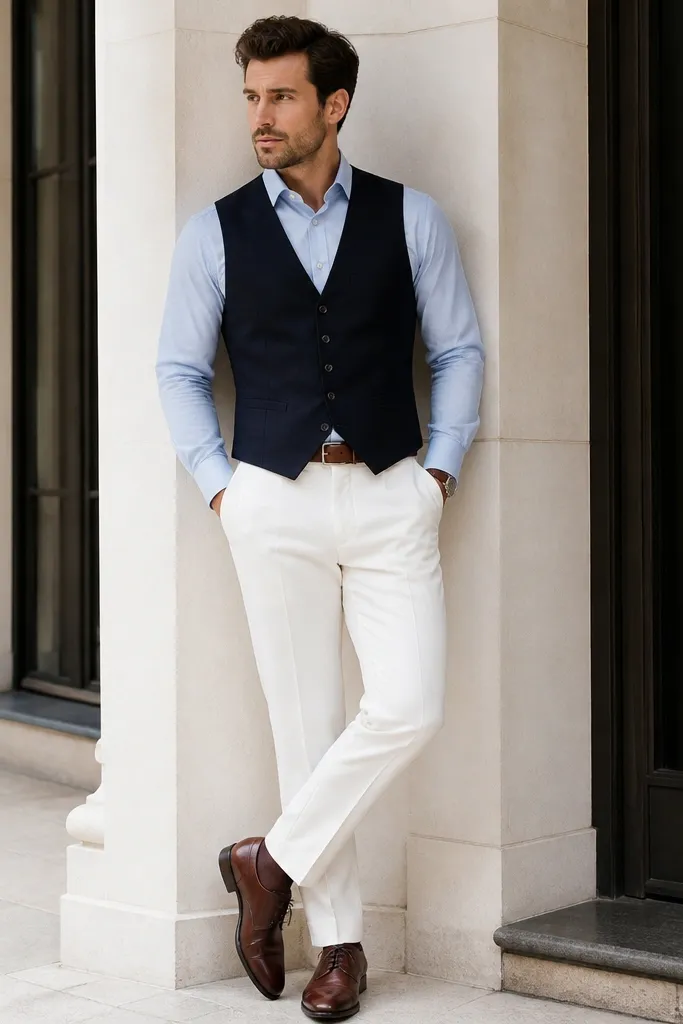 A man wearing a light blue dress shirt with a navy waistcoat over it, paired with white trousers. He has brown or oxblood shoes and a matching belt. The vest buttons are closed and the outfit looks layered.
