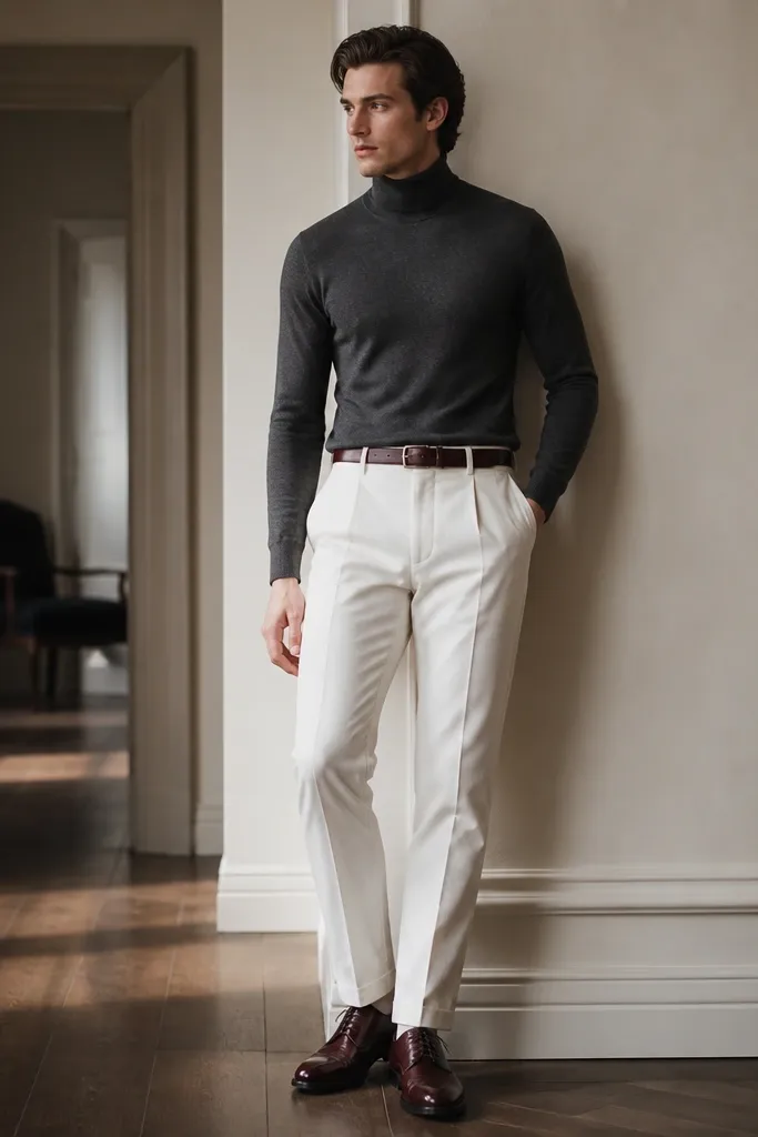 A man wearing a charcoal turtleneck sweater tucked into white trousers. He wears oxblood leather shoes and a matching belt. The outfit looks sleek and winter-to-fall formal.