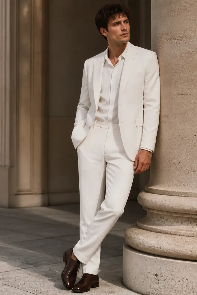 A man wearing white trousers with a white blazer and a white textured shirt underneath. The blazer looks matte, and the shirt has a visible subtle texture. Shoes are dark brown to anchor the look.