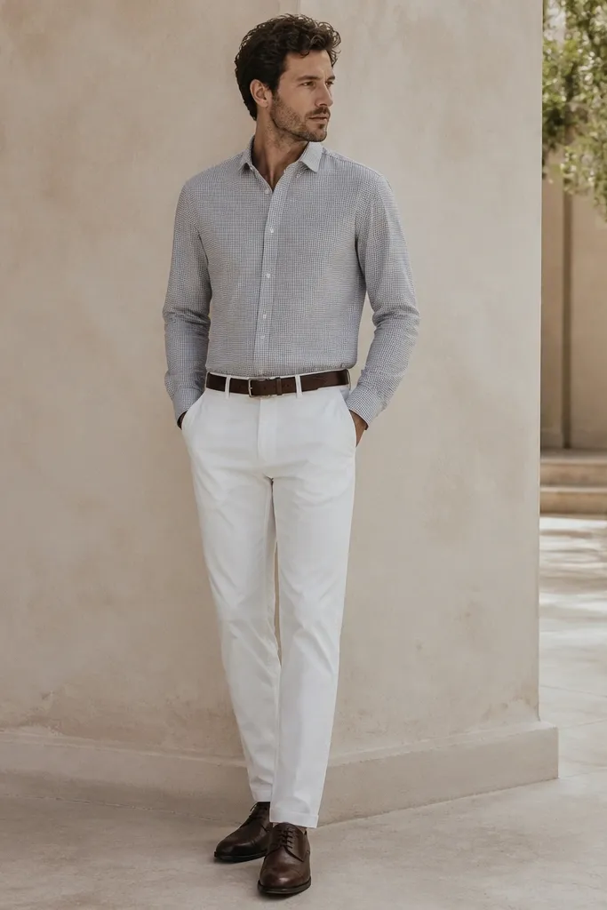 A man wearing a subtle gray check button-down shirt tucked into white trousers. He wears dark brown derby shoes and a matching belt. The shirt pattern is small and controlled, not loud.