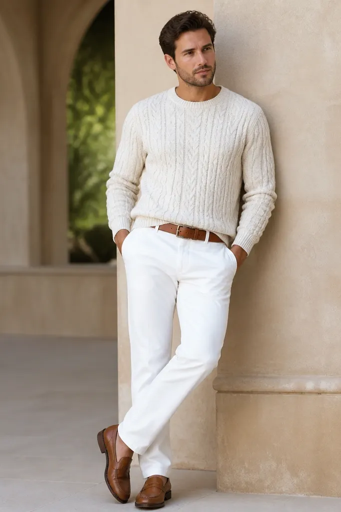 A man wearing a cream cable-knit sweater over white trousers, with tan leather shoes and a matching belt. The sweater has visible knit texture, and the trousers are bright white.