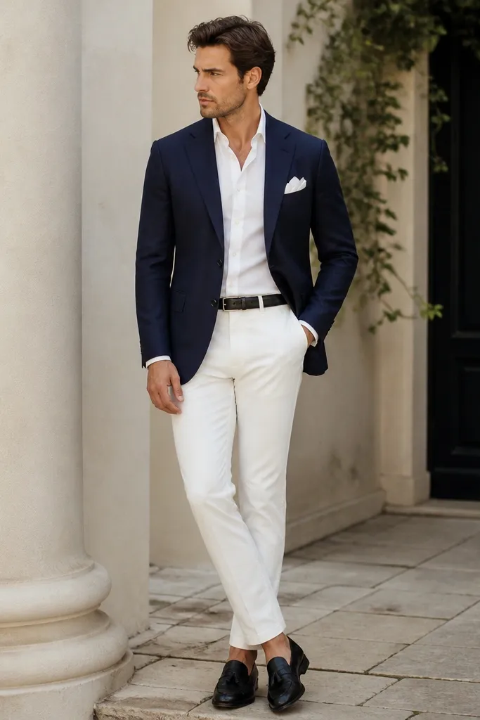 A man wearing a navy blazer with a white pocket square, white trousers, and black loafers. The shirt is white with a crisp collar. The belt matches the black shoes.