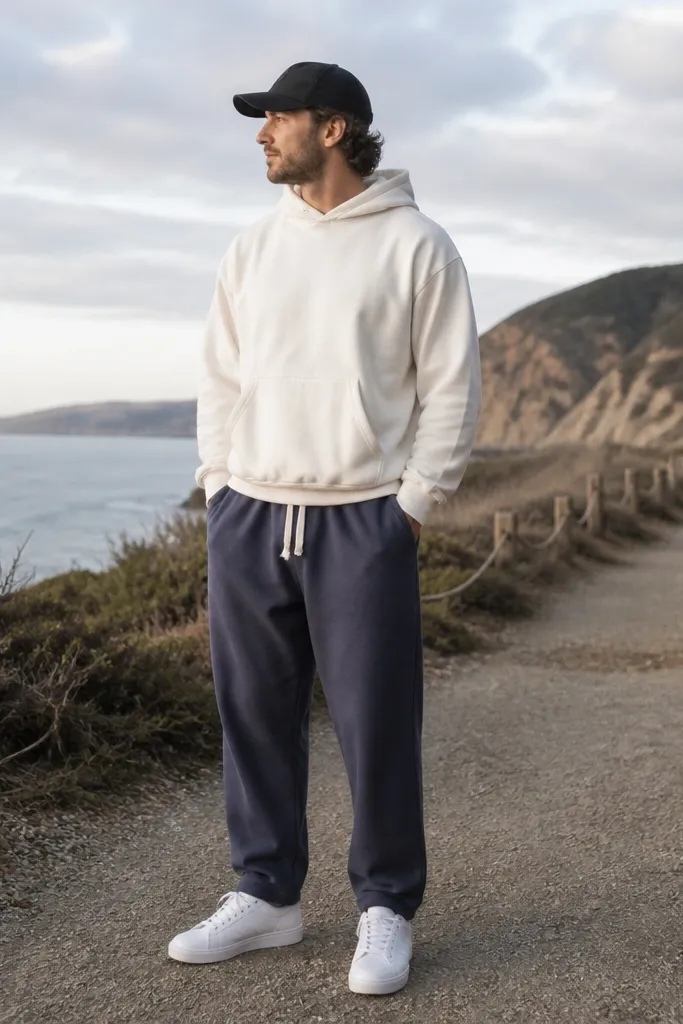 A man stands outdoors wearing washed navy blue sweatpants with a thick drawstring waist. He has an off-white pullover hoodie with visible ribbed cuffs and a clean pair of all-white low-top sneakers. A simple black baseball cap sits on his head, and the lighting shows the navy has a slightly faded, purple tint.