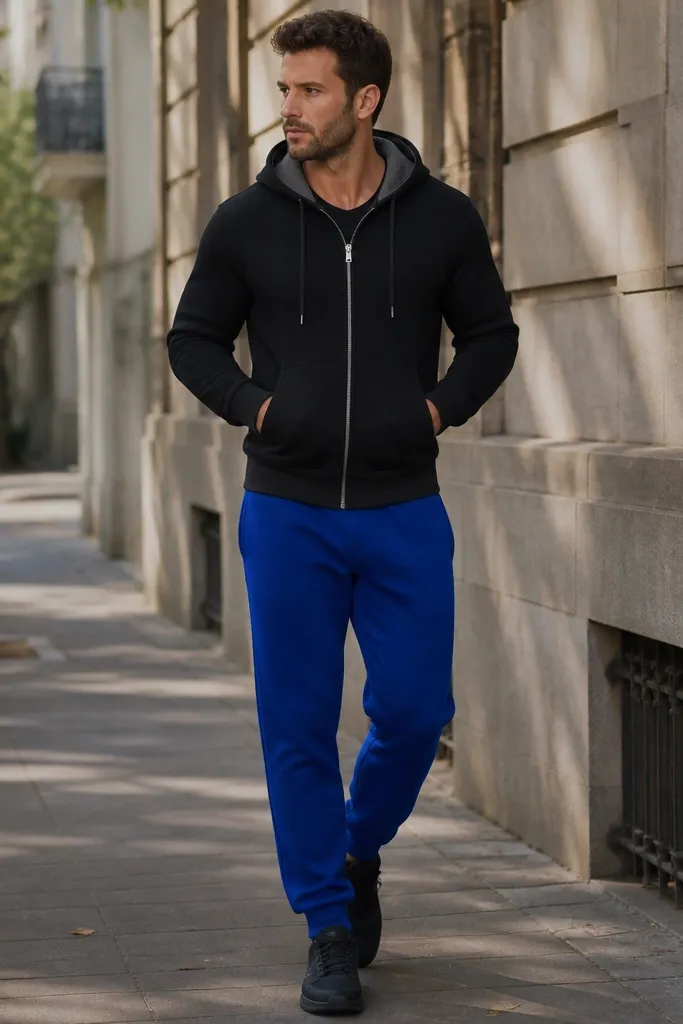 The photo shows cobalt blue sweatpants with a straight fit through the thigh and a tapered ankle. The man wears a black zip-up hoodie with a visible front zipper and ribbed cuffs. His shoes are dark, nearly black sneakers with black laces and a matte finish. A gray hoodie lining peeks near the collar, and the background is a sidewalk in daylight.