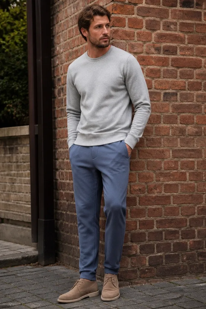 A full-body shot shows steel blue sweatpants with a soft, slightly heathered look. The man wears a heather gray crewneck sweatshirt with a clean neckline and ribbing at the hem. His shoes are tan suede chukkas with a crepe sole. He's standing next to a brick wall, and the gray top blends smoothly with the blue pants.