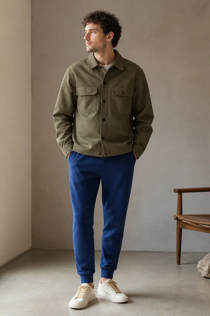 A man is wearing cobalt blue sweatpants with an olive green overshirt that has a button front and chest pockets. The overshirt hem sits around the waistband. He wears off-white sneakers with beige laces. The photo shows the overshirt texture clearly - it looks like brushed cotton or light twill.