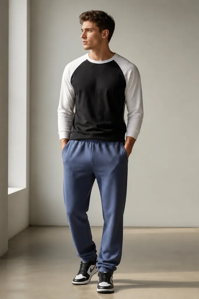 The photo shows steel blue sweatpants paired with a black raglan tee with white sleeves. The neckline is crew style, and the raglan seam is visible from shoulder to underarm. The man wears black-and-white trainers with a two-tone upper. The outfit looks sporty but clean.