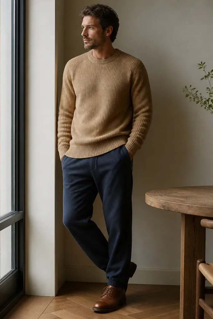 A man wears washed navy sweatpants with a camel-colored knit sweater. The sweater has a crew neckline and visible knit texture. His shoes are brown leather derbies with a classic rounded toe. The look is warm and grounded, photographed indoors near a window.
