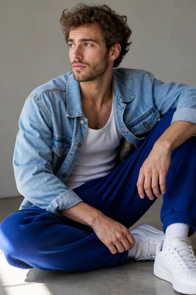 The man wears cobalt blue sweatpants and a white muscle tank. Over it, he has a light blue denim jacket with a relaxed fit, the sleeves slightly rolled. He wears white sneakers. The photo shows the denim jacket seams and light wash tone.