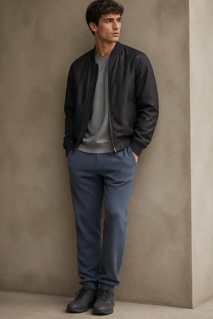 The photo shows steel blue sweatpants with a black bomber jacket layered over a gray crewneck. The bomber has ribbed cuffs and a slightly shiny nylon look. The man's sneakers are dark gray. His posture is relaxed, and the jacket hem sits around the hip.
