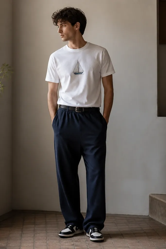 A man is wearing washed navy sweatpants with a white graphic t-shirt. The graphic is small and centered on the chest, not oversized. He has a black leather belt visible above the waistband line and wears black-and-white sneakers. The outfit looks casual but deliberate.