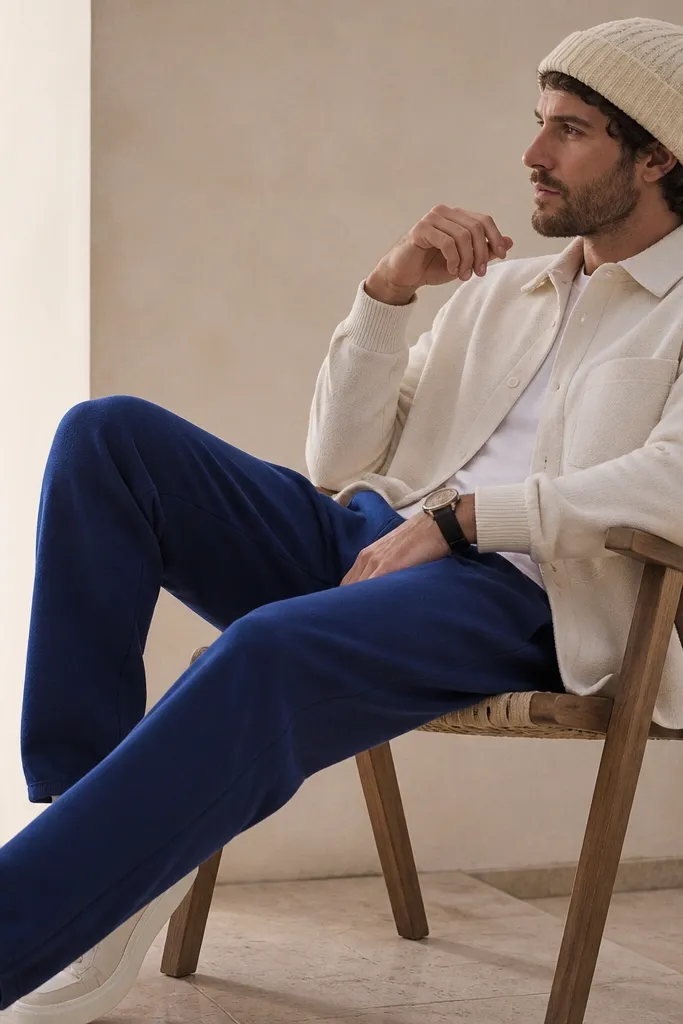 The photo shows cobalt blue sweatpants and an off-white overshirt. A cream cable-knit beanie sits on the man's head. He wears off-white sneakers and a dark watch. The overshirt has a soft, textured fabric and the cuffs show ribbing.