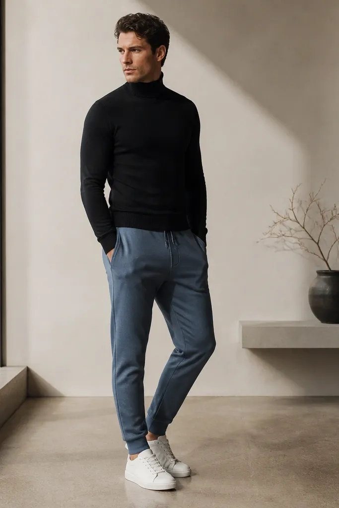 A man wears steel blue sweatpants and a fitted black turtleneck. The turtleneck collar sits high and clean around his neck. He wears white sneakers with a low profile. The outfit is photographed indoors with soft daylight, showing the contrast between the matte black top and steel blue pants.