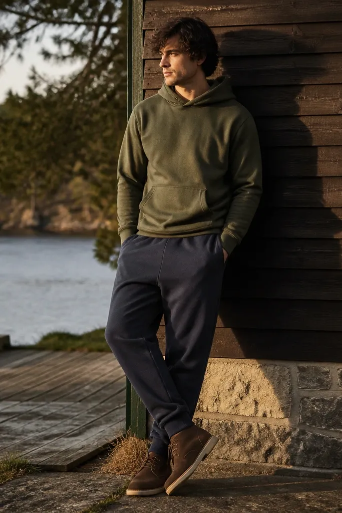 The man wears washed navy sweatpants and an olive green hoodie. The hoodie is midweight with a visible kangaroo pocket. He has dark brown chukka boots with a crepe sole. The outfit is outdoors in late afternoon light, showing the navy is slightly faded.