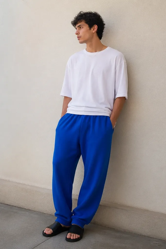 The photo shows cobalt blue sweatpants with an oversized white t-shirt that drapes over the waistband. The man wears black slide sandals and a plain silver chain. The outfit looks relaxed and summer-ready, with the cobalt color standing out against the white top.