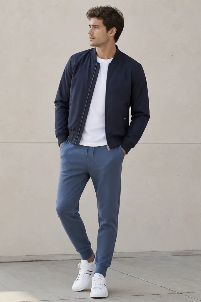 A man wears steel blue sweatpants with a navy bomber jacket over a white t-shirt. The bomber has a smooth finish and ribbed cuffs. He wears white court sneakers with thin side stripes. The outfit looks crisp and balanced, photographed in daylight with a clean background.