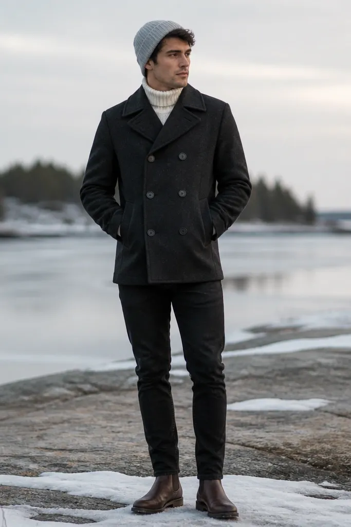A man stands outdoors in winter light wearing a charcoal wool peacoat over a cream knit turtleneck. He has dark black straight-leg jeans and brown leather Chelsea boots. A light gray beanie sits snug on his head and the coat buttons are closed.