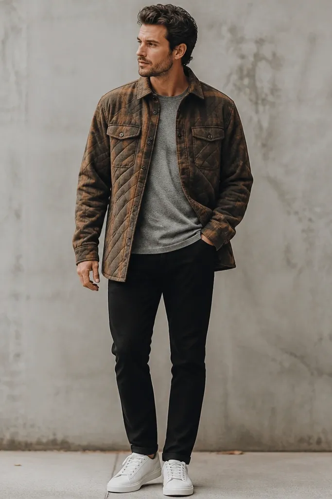 A close standing photo shows a man wearing a brown quilted flannel shirt-jacket layered over a gray tee. He has black jeans and clean white low-top sneakers. The shirt jacket is unbuttoned and hangs slightly longer than the tee.