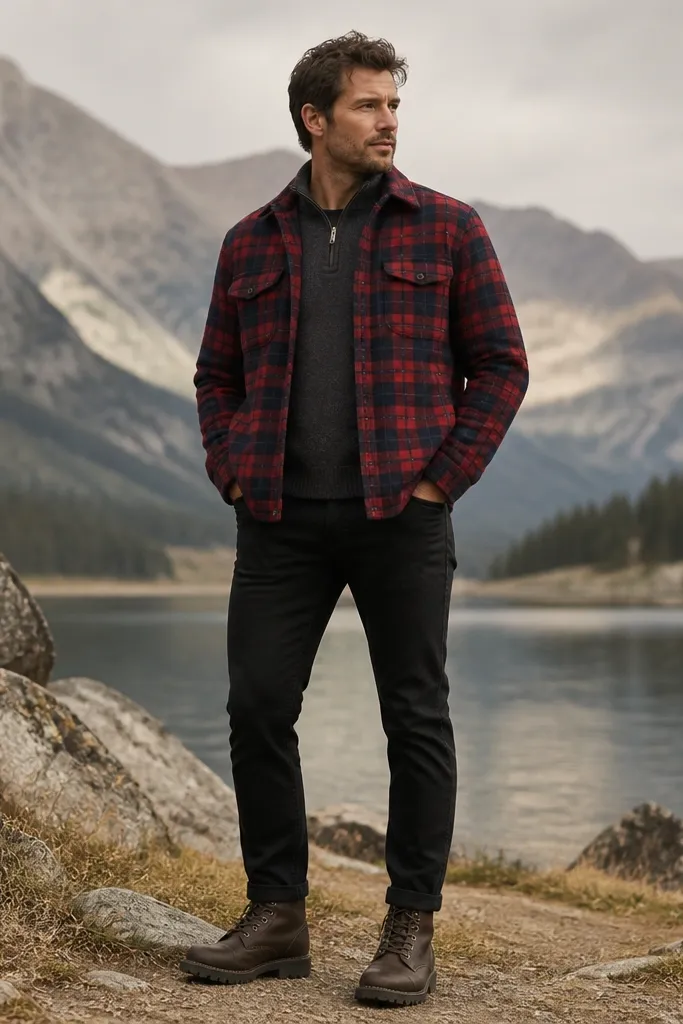A man wears a charcoal half-zip fleece under a red and navy plaid overshirt. He has black jeans and rugged dark brown lace-up boots. His hands are in the pockets and the overshirt hem sits just above the boot line.