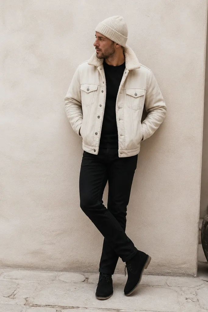 The photo shows a man in a cream sherpa-lined trucker jacket over a black thermal tee. He wears slim black jeans and black suede desert boots. A cream knit cap sits low and the jacket collar is popped slightly.