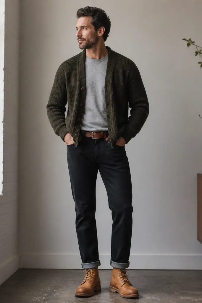 A man wears a dark olive heavyweight cardigan over a heather gray crew tee. His black jeans are cuffed once at the ankle. He has tan leather boots and a brown leather belt visible at the waist.