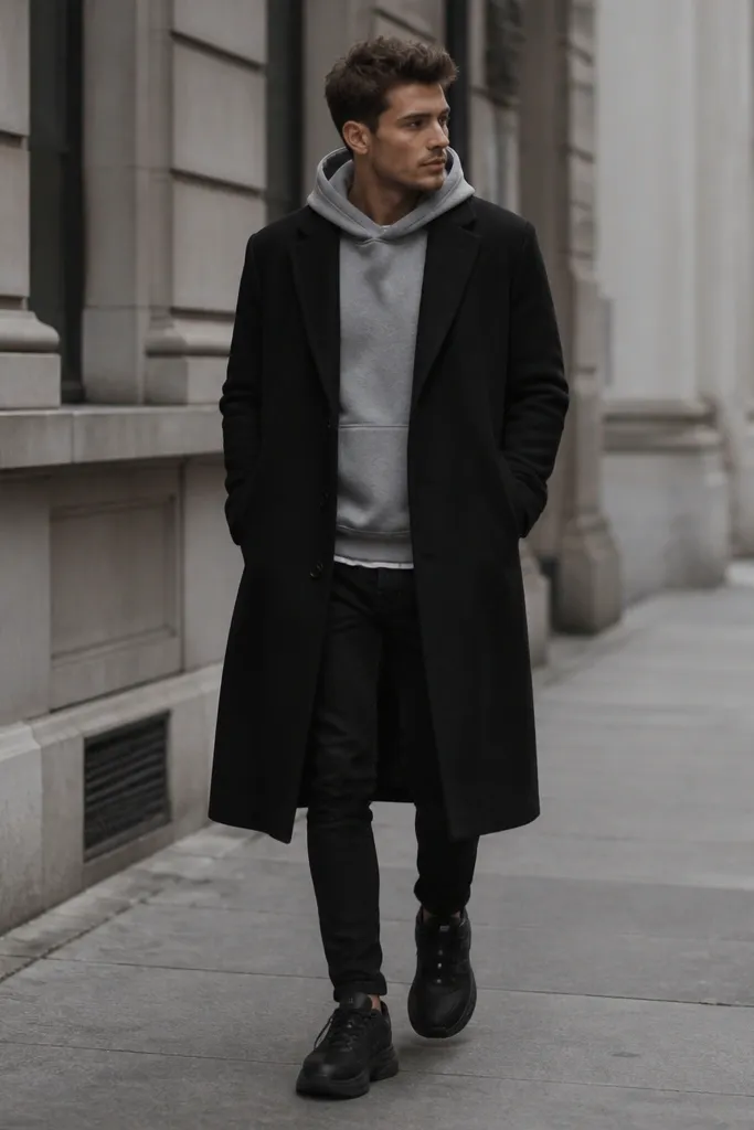 A man walks on a sidewalk wearing a long black wool coat over a heather gray hoodie. He has black jeans and black chunky sneakers. The hoodie hem peeks out under the coat and his hood is down.