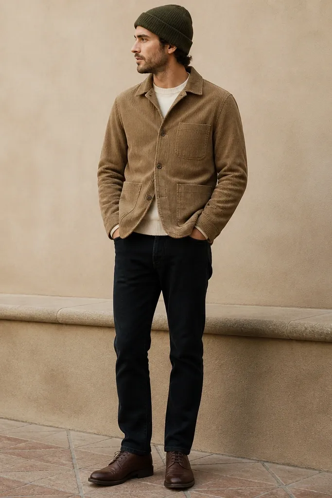 A man wears a tan corduroy jacket with a small collar over a white knit sweater. He has black jeans and brown leather lace-up shoes. A dark green knit beanie covers his ears and the jacket is buttoned.