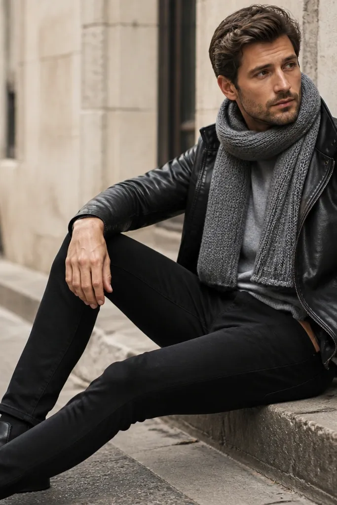 The photo shows a man in a black leather jacket over a heather gray crewneck sweater. He wears black jeans and black leather boots. A thick gray knit scarf wraps around his neck and the collar of the jacket is open.