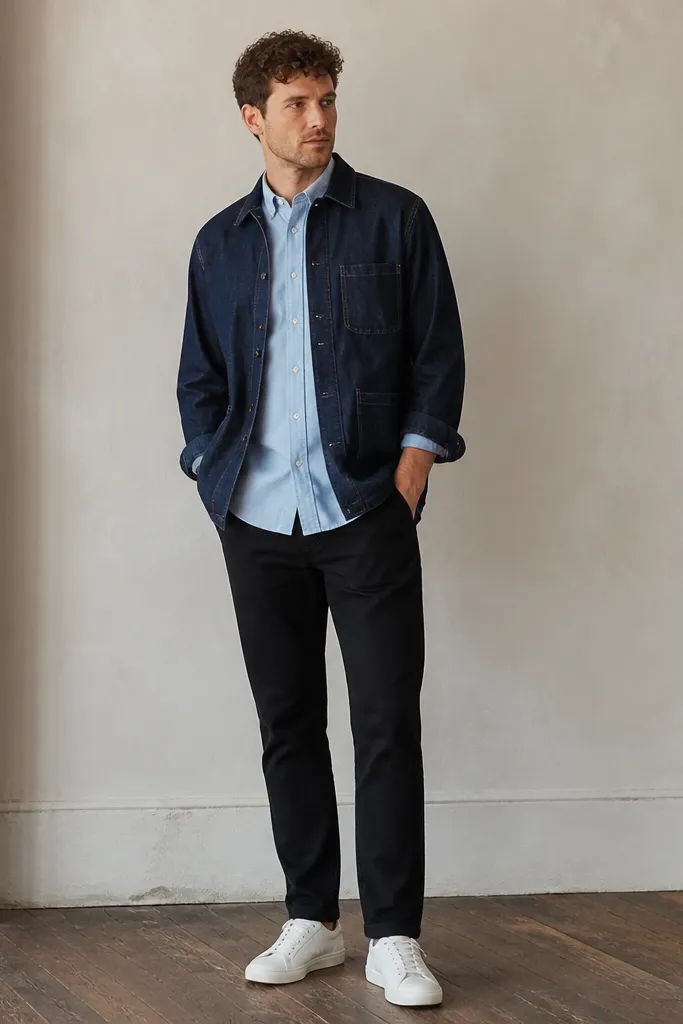 A man wears an indigo denim overshirt over a light blue button-down. He has black jeans and white sneakers. The overshirt sleeves are rolled once and the collar sits flat.