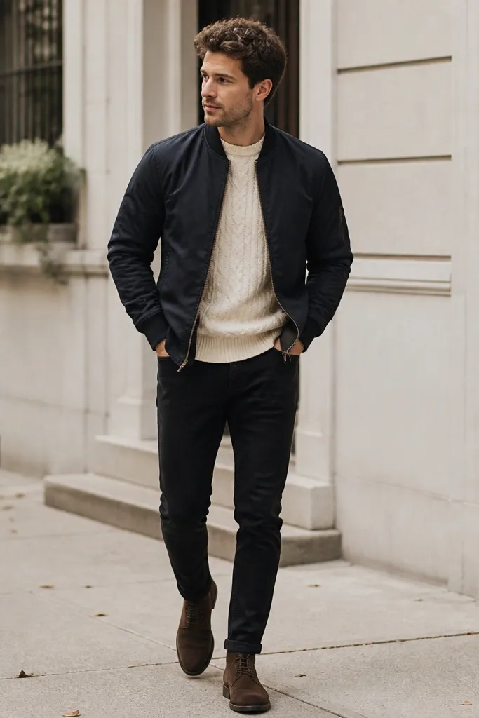A man is wearing a cream cable-knit sweater under a dark navy bomber jacket. He has black jeans and brown suede chukka boots. His hair is visible and the bomber is zipped halfway.