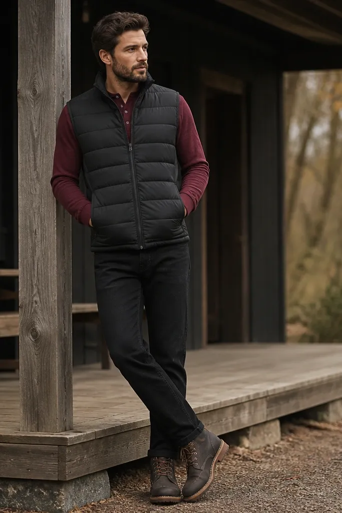 A man wears a matte black puffer vest over a burgundy long-sleeve henley. He has black jeans and black-and-brown work boots. The vest is zipped and the henley cuffs show at the wrists.