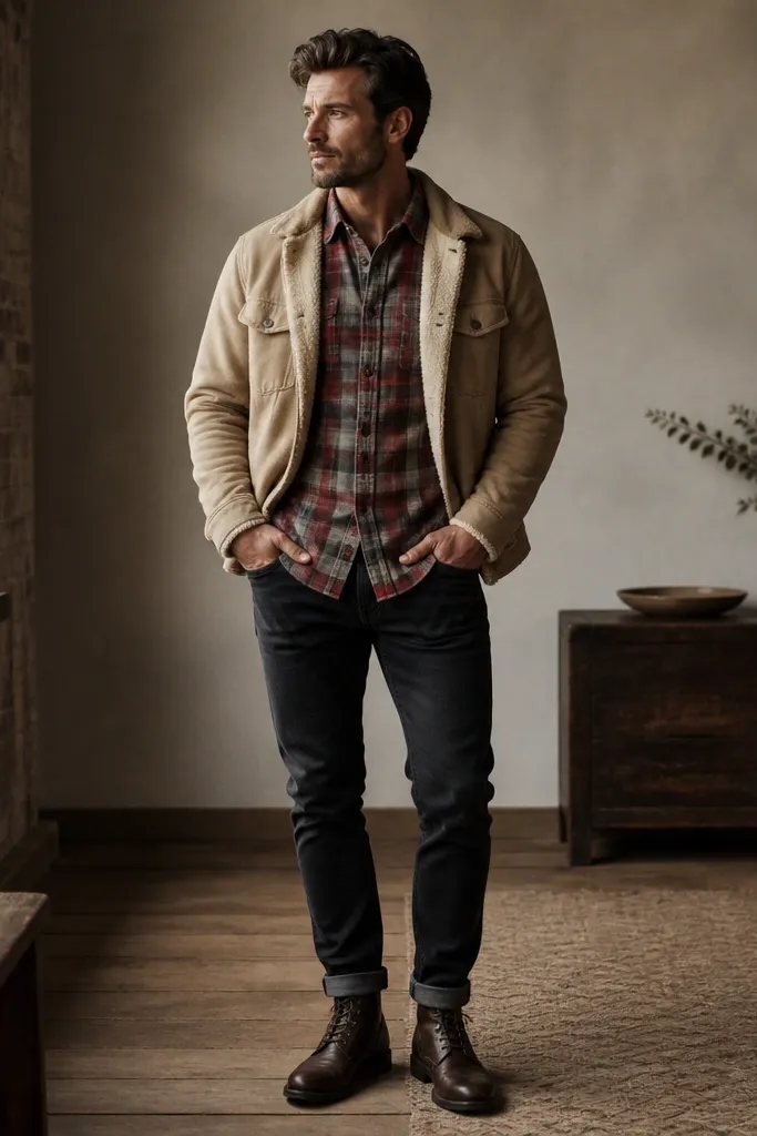 The image shows a man wearing a red-and-gray flannel button-up under a tan sherpa-lined overshirt. He has black jeans and dark brown boots. The overshirt is open, showing the flannel pattern clearly.