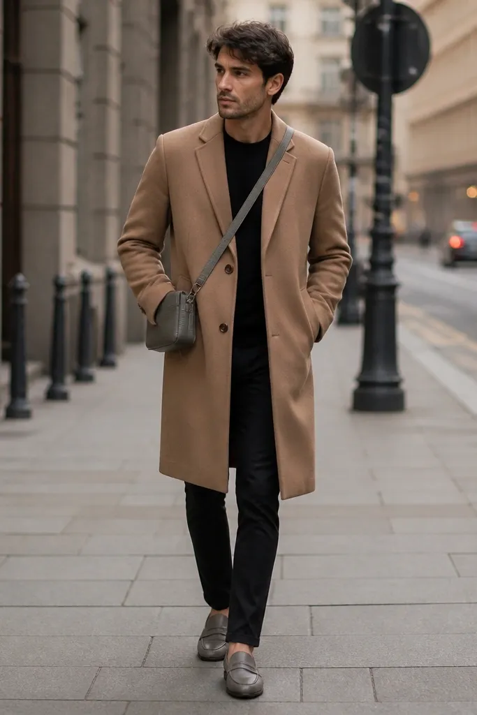 A man stands in a city street wearing a camel wool overcoat over a black thermal crewneck. He has black jeans and gray leather loafers. A small gray crossbody bag is visible and the coat hem covers the top of his jeans.